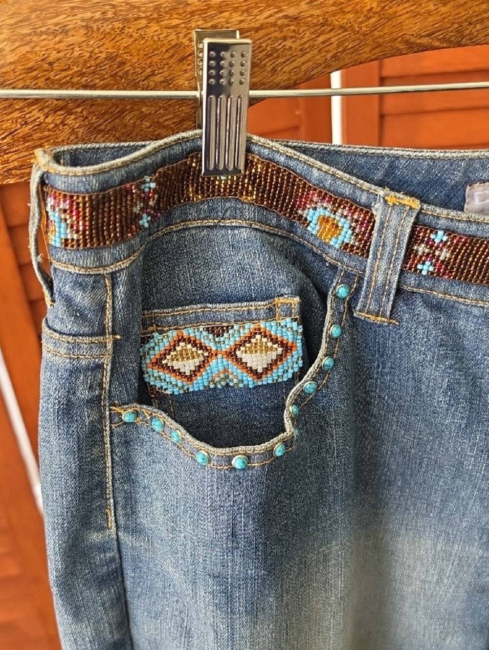 Chicos 2 Platinum Navajo Beaded Jeans Sze 12-14 Medium Wash▪Western Embellished